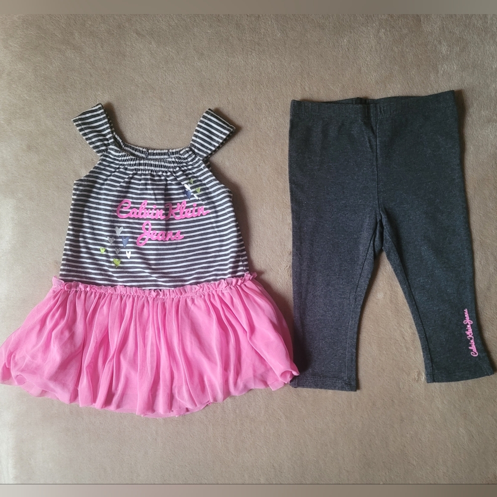 Calvin Klein Jeans Girl Striped w/Neon Pink Dropwaist & Grey Pants Size 3T